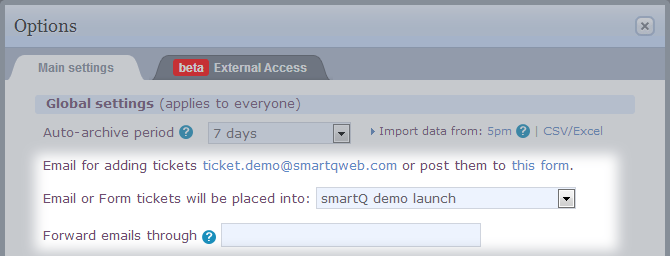 smartQ email to tickets setting