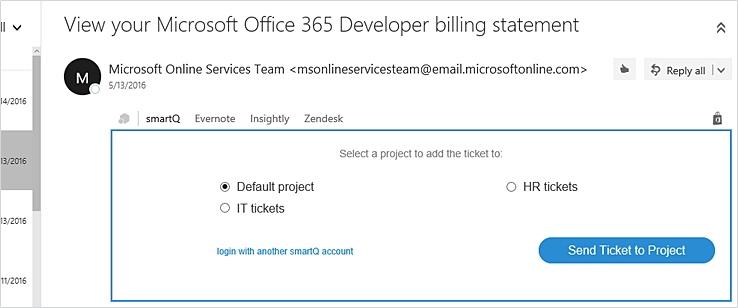 Outlook Add-in — select the project