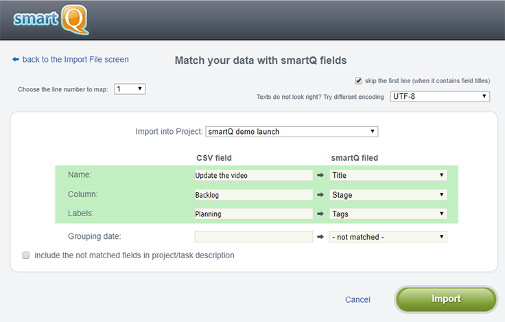 import from CSV/ Excel